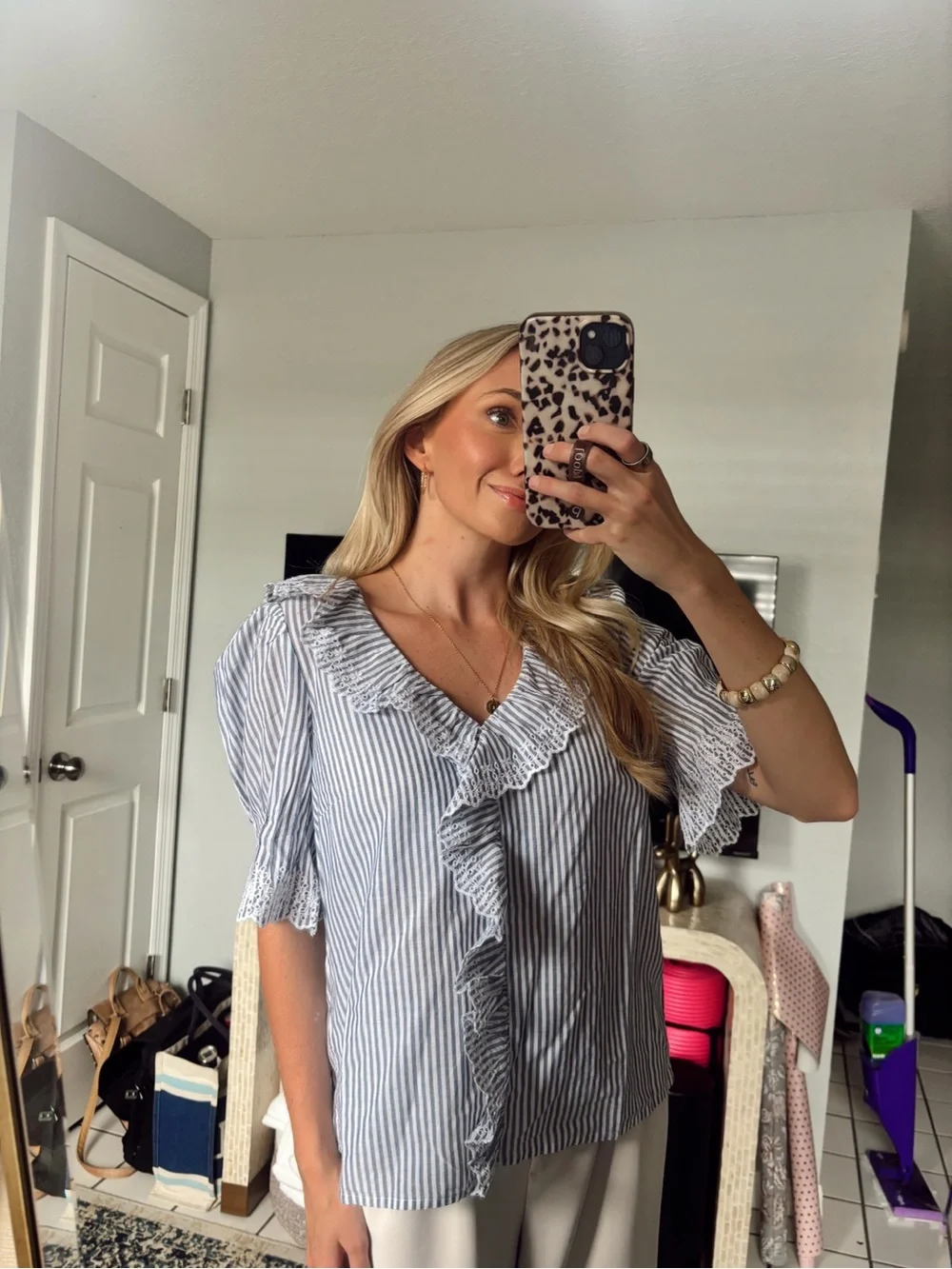 NWT Striped Eyelet Ruffle Front Top - Antique Navy White
